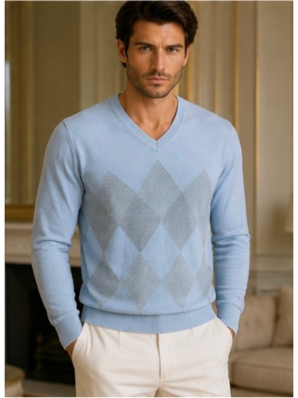 Men's Corneliani V-Neck Sweater Size M Blue Grey Argyle Cotton L New